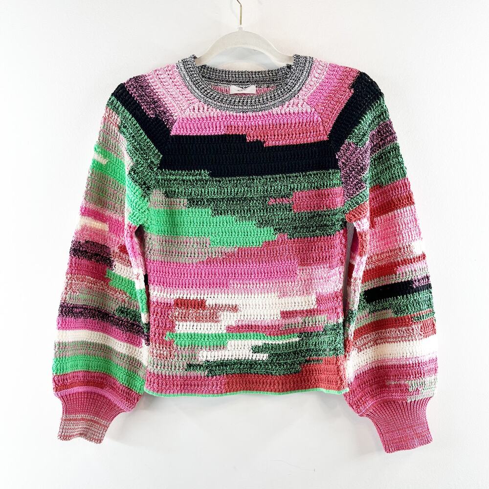 A.L.C Nova Crewneck Balloon Crochet Pullover Sweater Pink Green XS